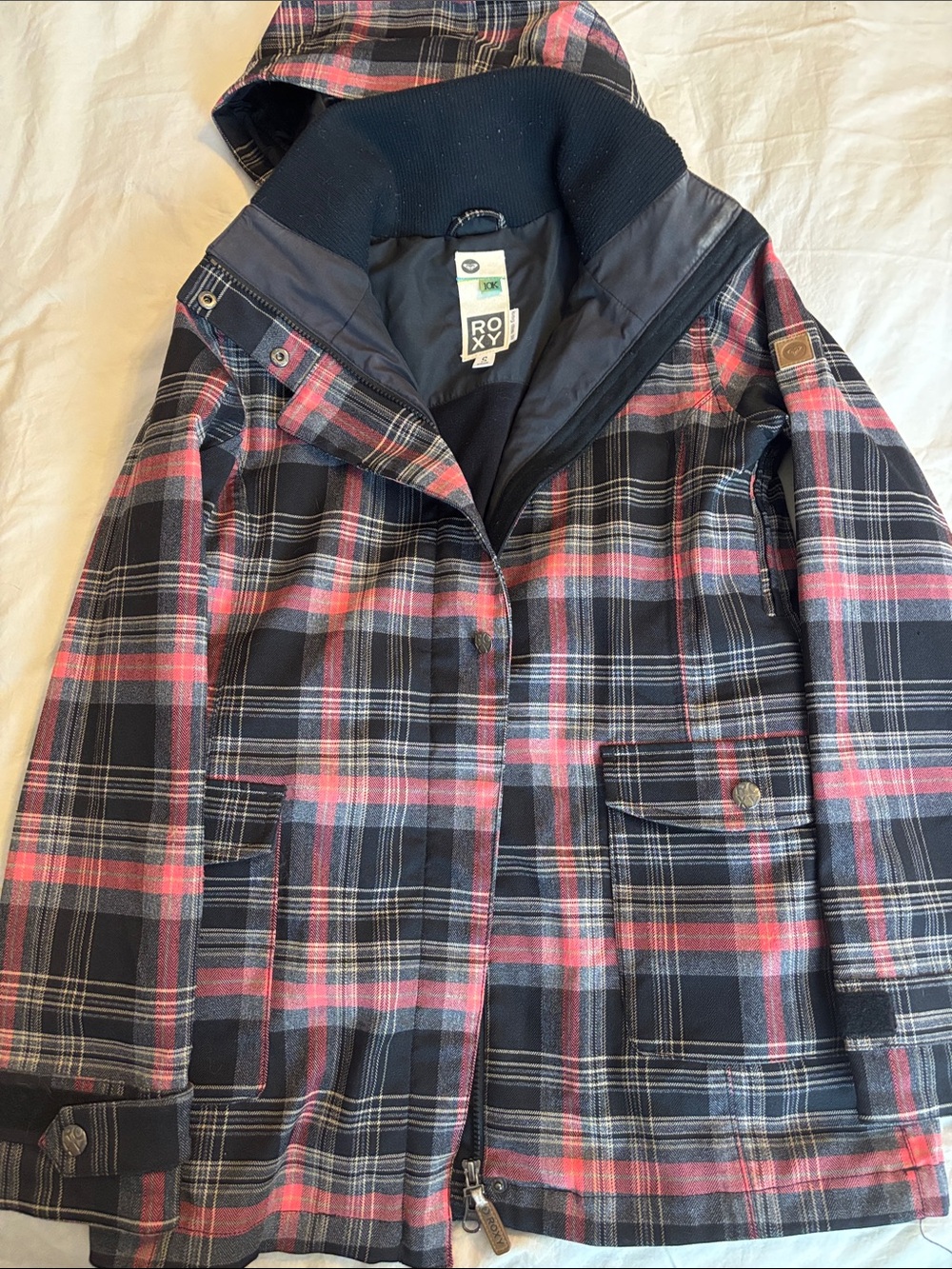 Roxy Women's Black and Pink Plaid Ski Jacket with Hood